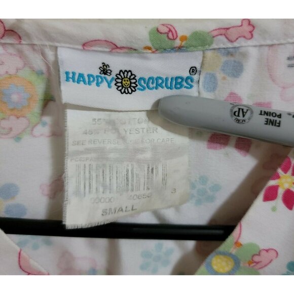 Happy Scrubs Medical Top Womens Size Small Monkey Flowers White Nursing Uniform - Picture 3 of 3